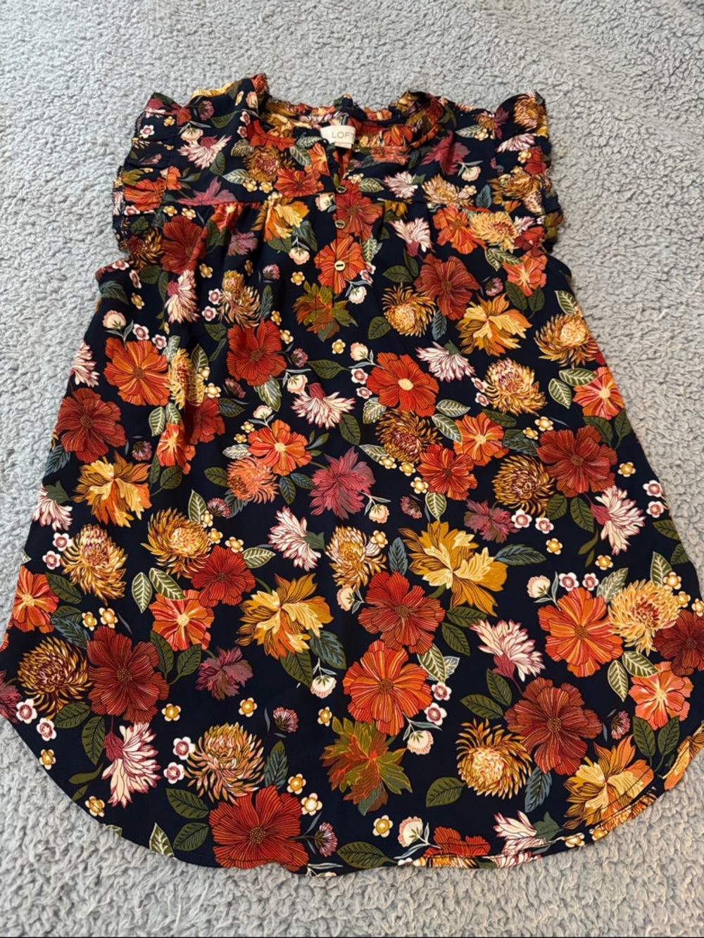 LOFT Navy Floral Blouse with Red & Mustard Blooms
